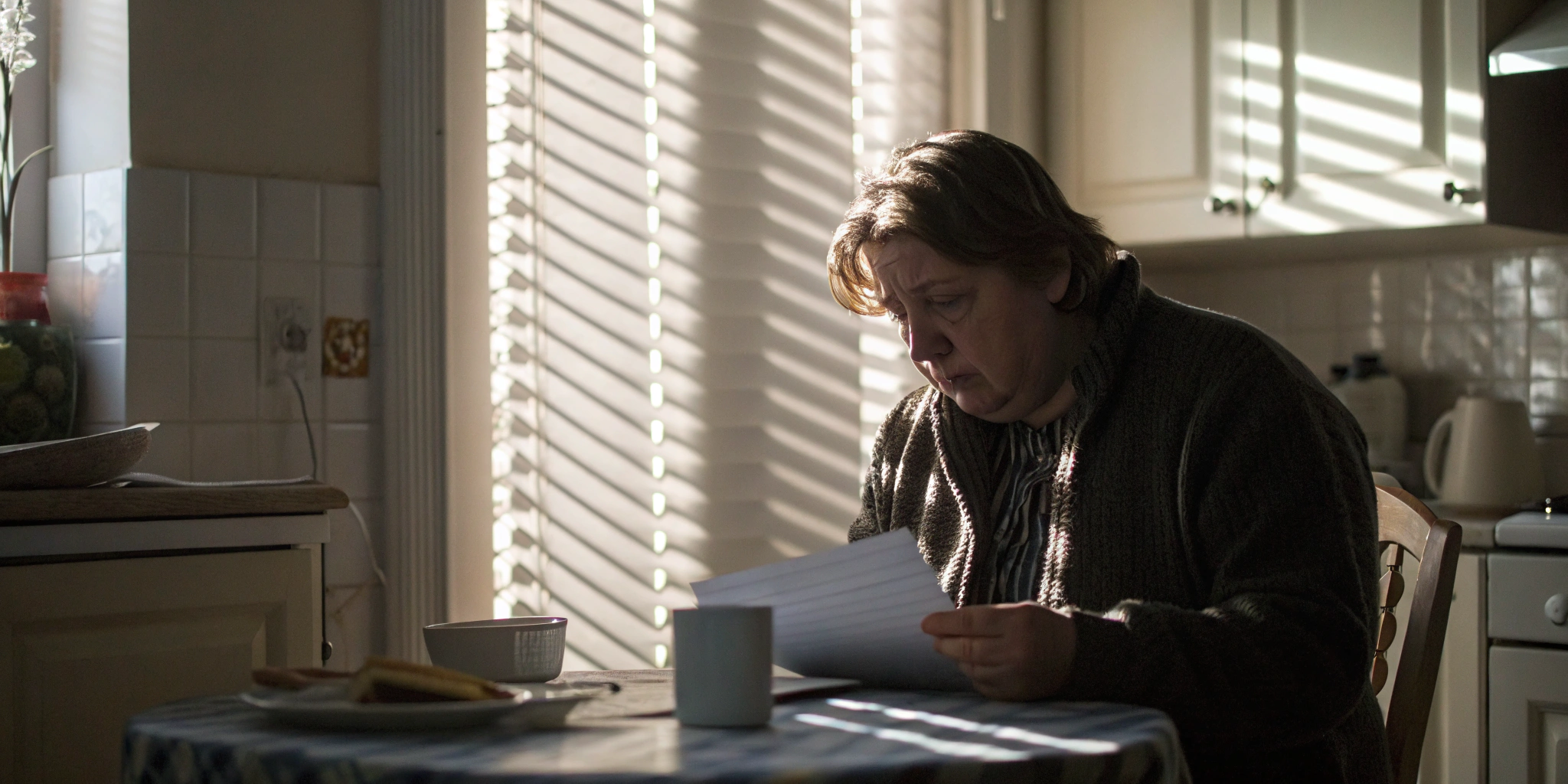 Woman reviews a denied apartment insurance claim letter before her lawyer consultation.