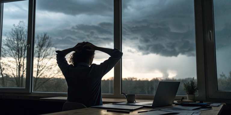 Stressed person at a desk looking at a stormy sky, waiting on a delayed insurance claim.