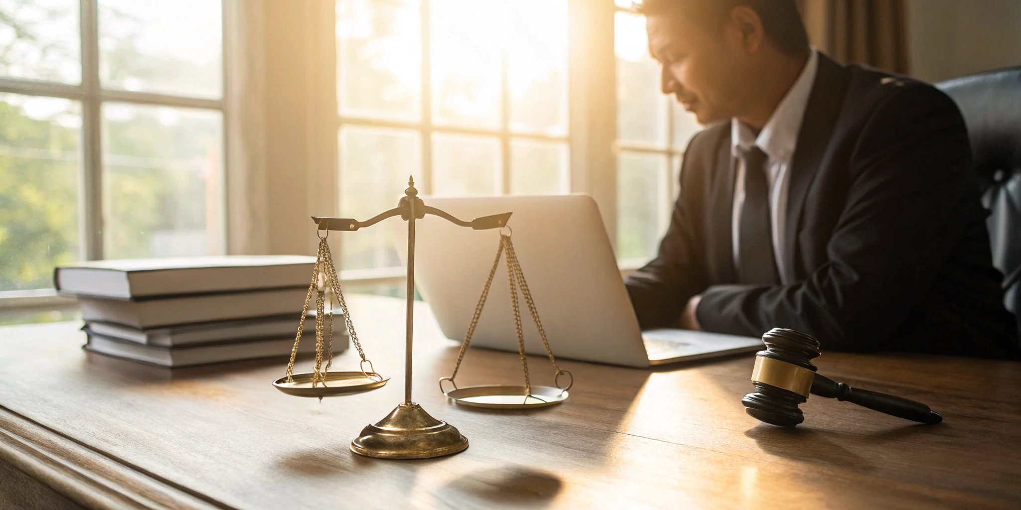 The best attorney for a property insurance claim at a desk with a gavel and scales of justice.