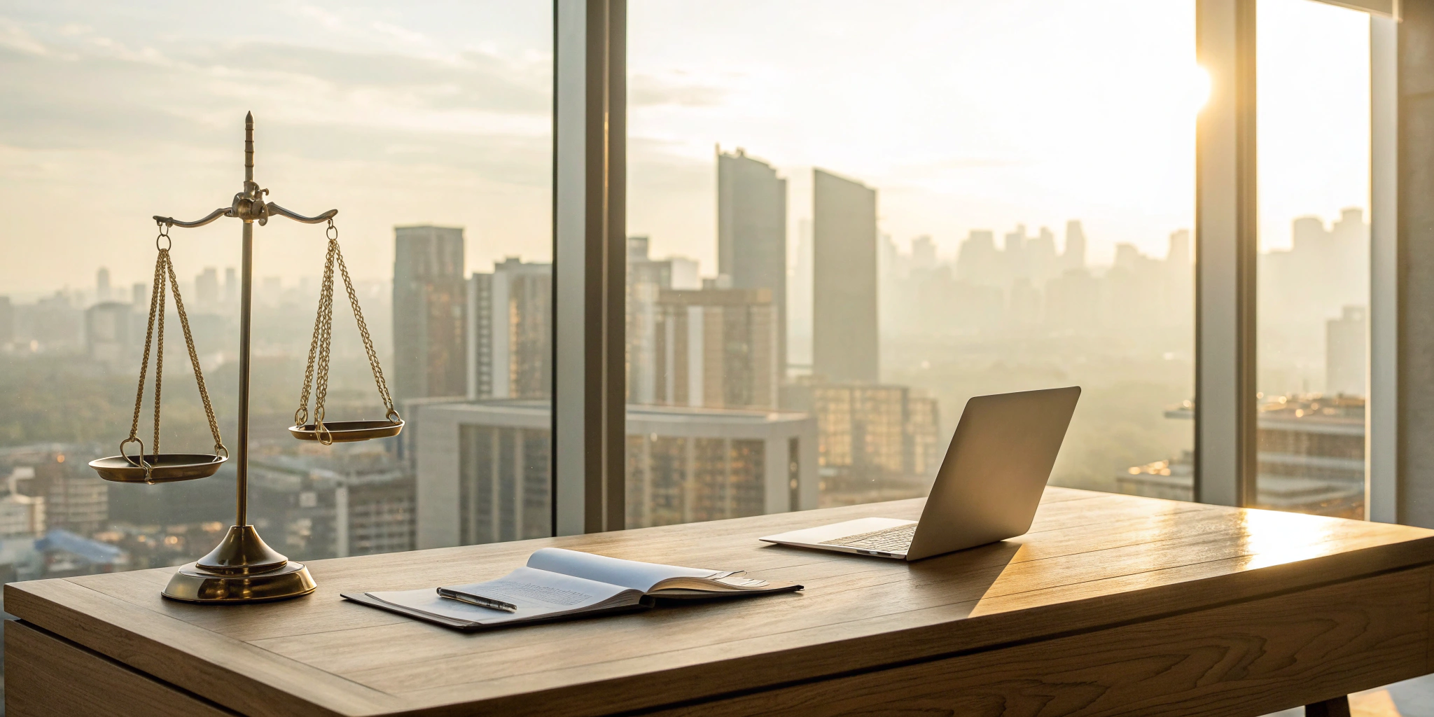 An attorney's desk overlooking an office building, ready to handle a roof leak insurance claim.
