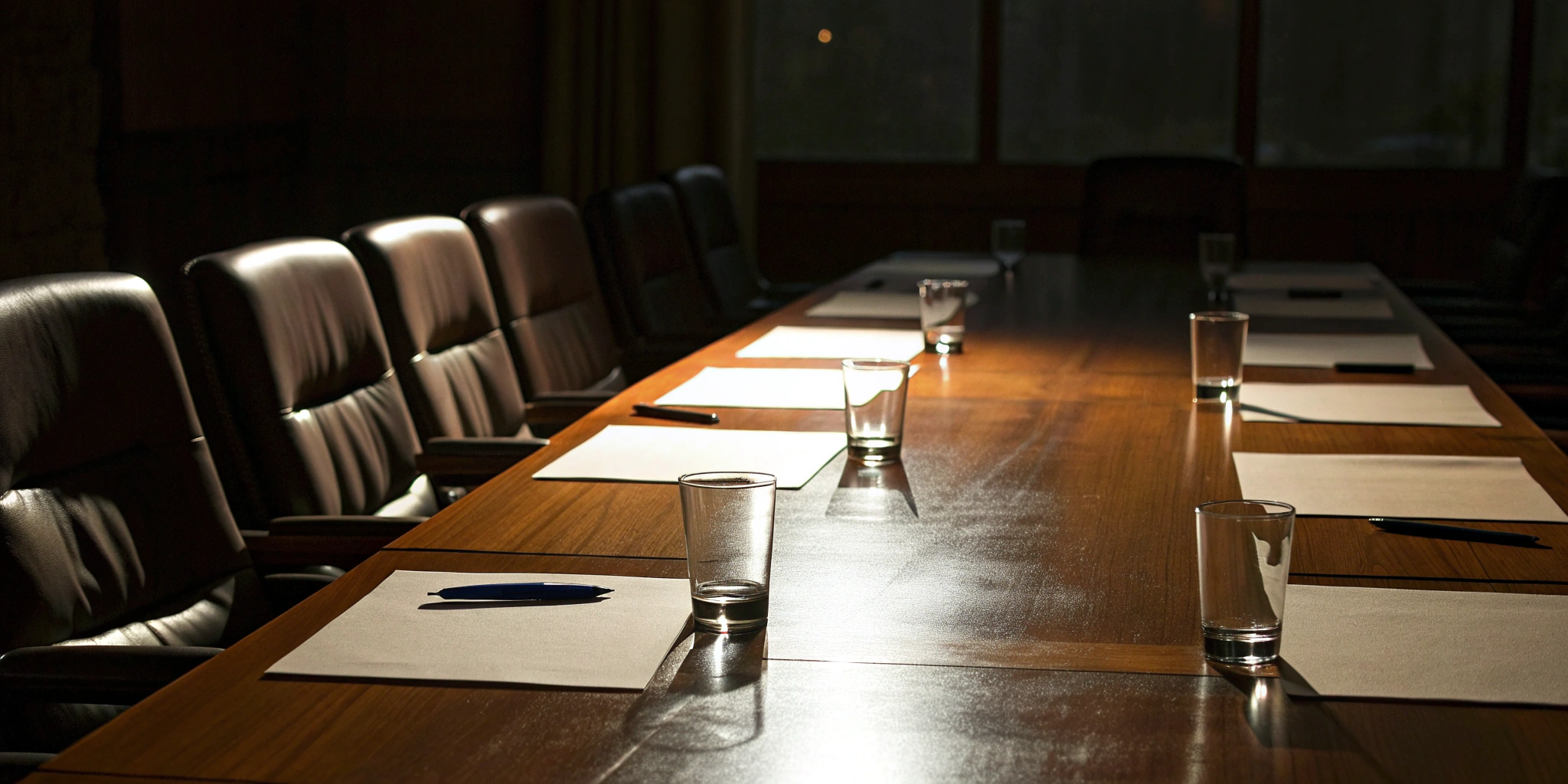 An empty boardroom table set for bad faith settlement negotiations.