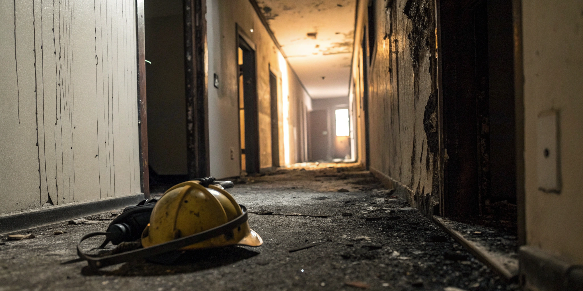 Hallway of a burned apartment after a fire, a situation requiring a fire damage attorney.
