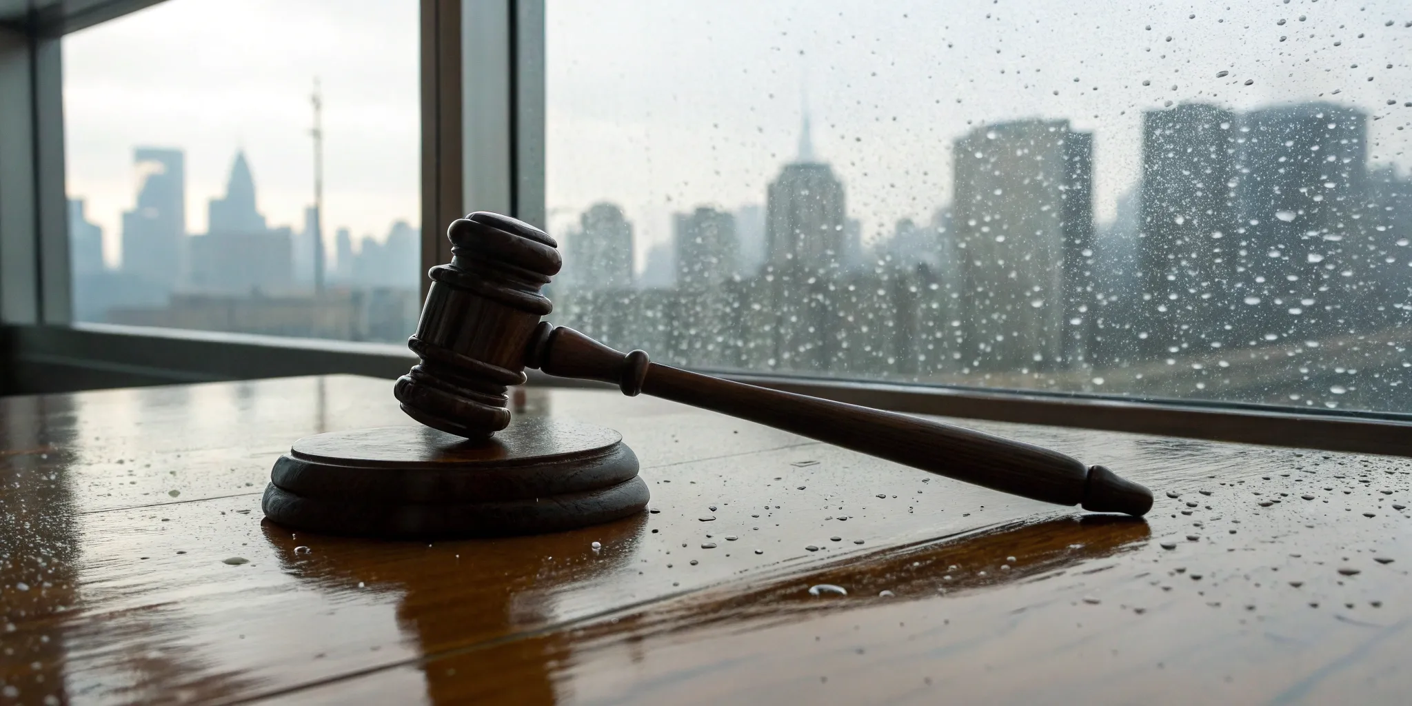 A business storm damage lawyer's gavel on a desk overlooking a city during a storm.