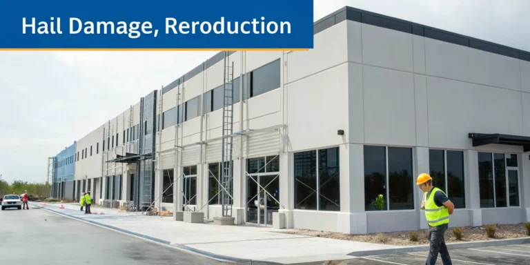 Inspector assessing commercial building for hail damage to maximize an insurance claim.