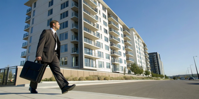 The best lawyer for an apartment insurance claim walks outside the building.