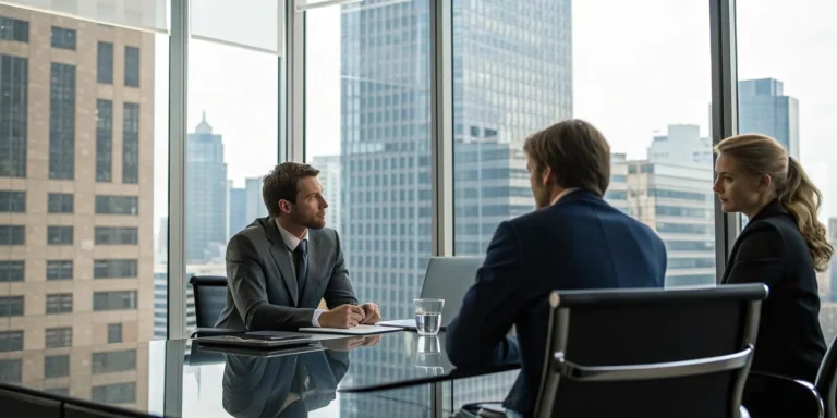 A commercial insurance litigation attorney discussing a case with clients in a Dallas office.