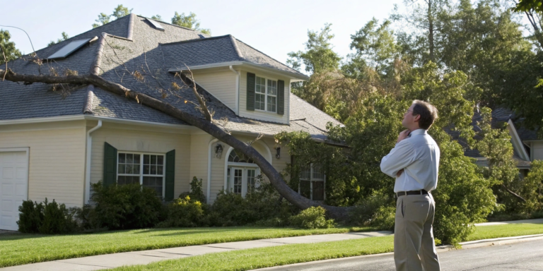 Man inspects wind damage to his house and needs the best lawyer for a wind damage claim.