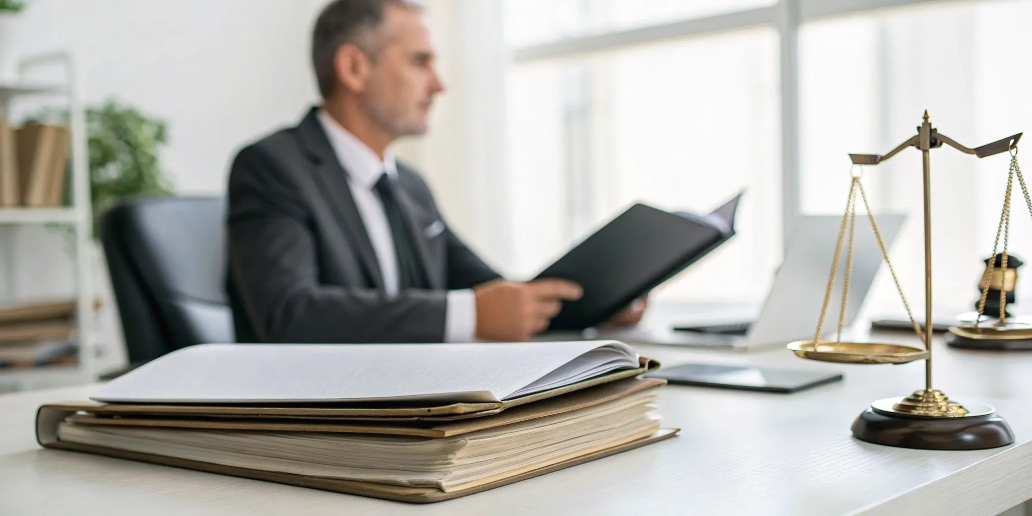 Property damage lawyer at a desk reviewing documents during a free consultation.