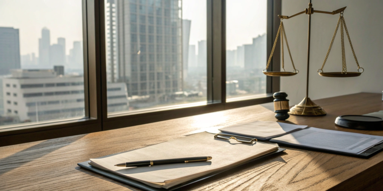 An attorney's desk prepared for a business insurance claim litigation case.