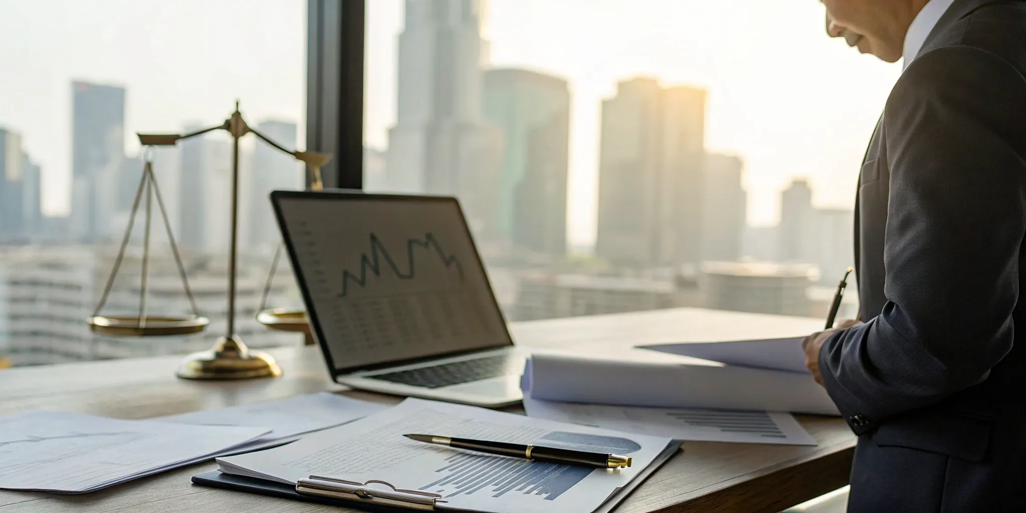 A McKinney commercial insurance lawyer reviews a denial letter at a desk with scales of justice.