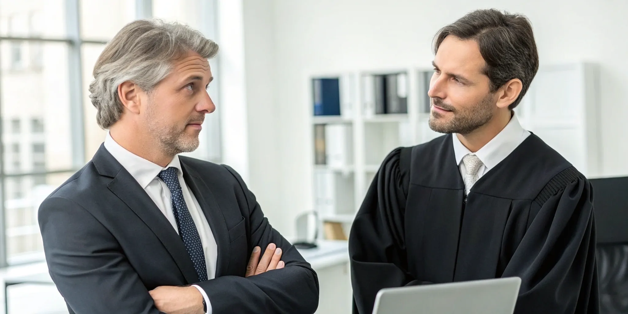 A commercial insurance lawyer discussing a denied claim with a business owner.
