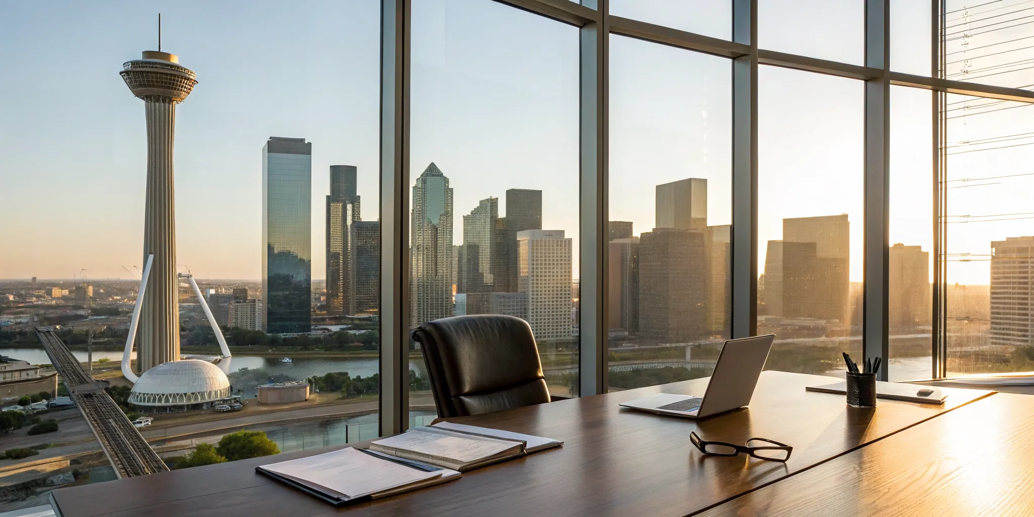 A Dallas lawyer reviewing a business interruption claim with documents on an office desk.