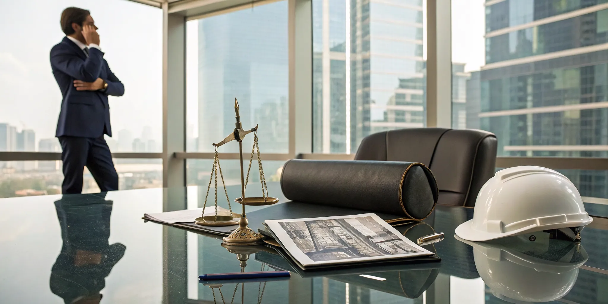 A Fort Worth commercial storm damage lawyer's desk with claim documents and a hard hat.