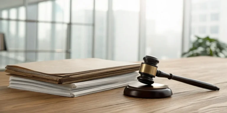 Contingency fee commercial insurance attorney's desk with legal documents and a gavel.