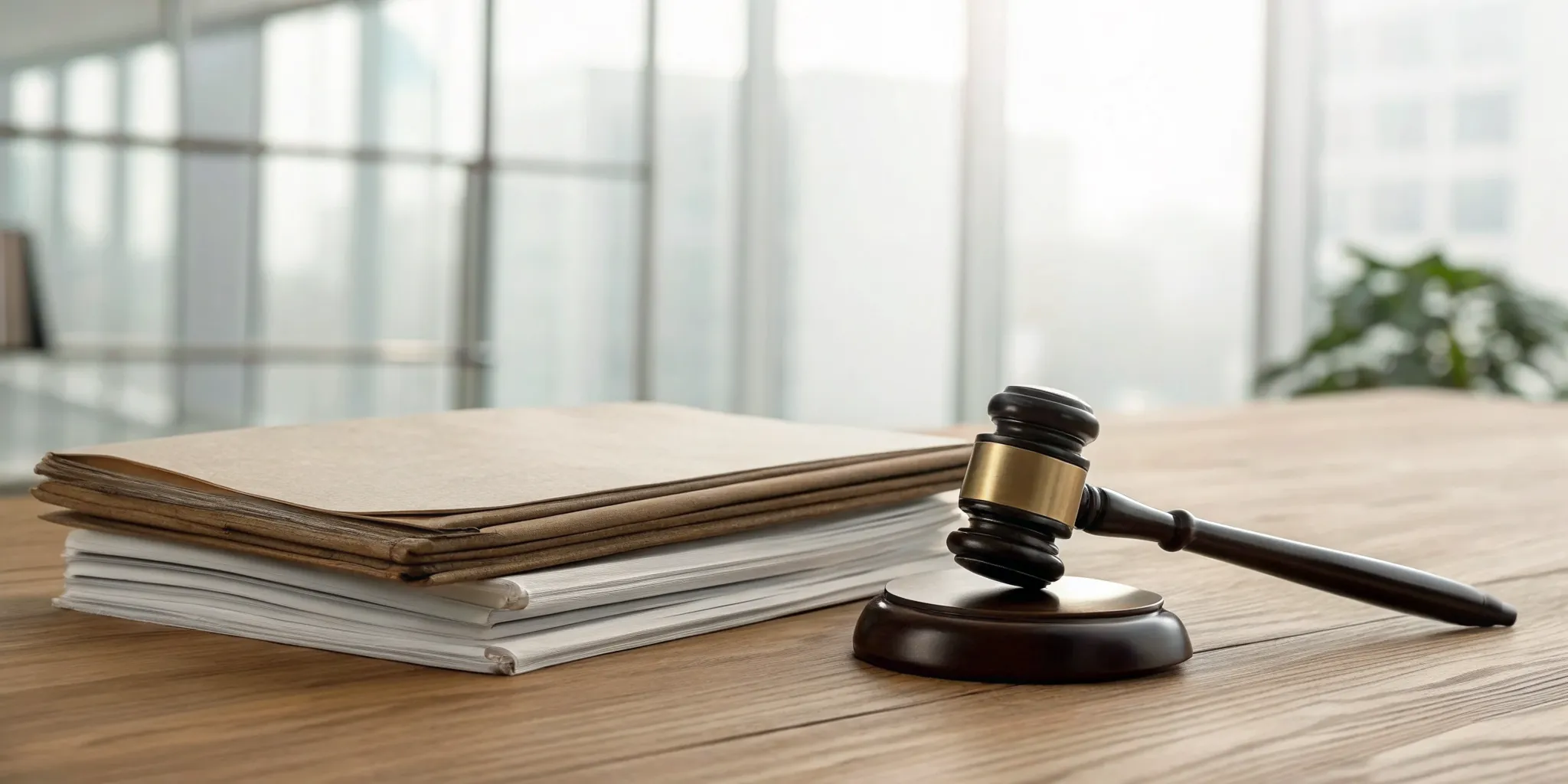 Contingency fee commercial insurance attorney's desk with legal documents and a gavel.