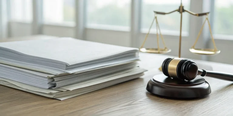 A Texas contingency fee insurance lawyer's desk with a gavel and scales of justice.
