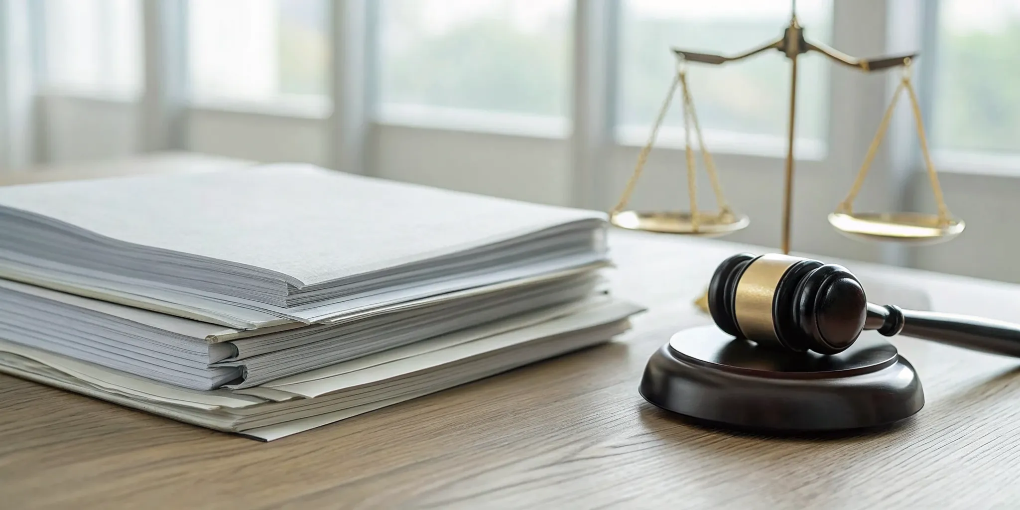 A Texas contingency fee insurance lawyer's desk with a gavel and scales of justice.
