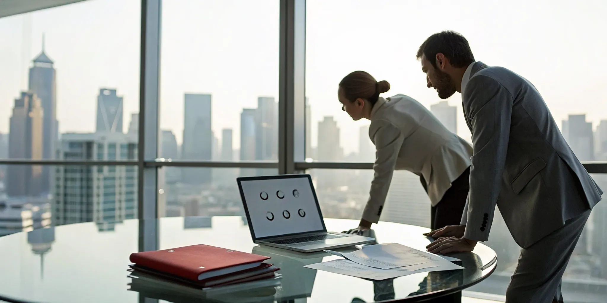 Professionals reviewing documents for a denied commercial property insurance claim to plan the next steps.