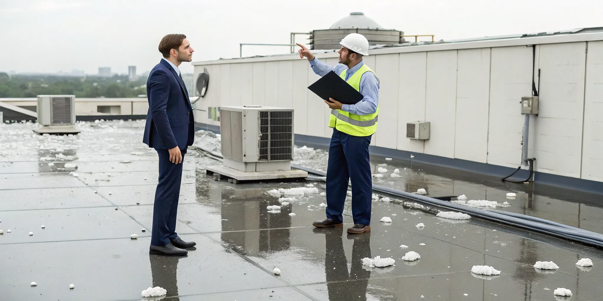 Fort Worth commercial hail damage lawyer inspecting hail damage on a client's roof.