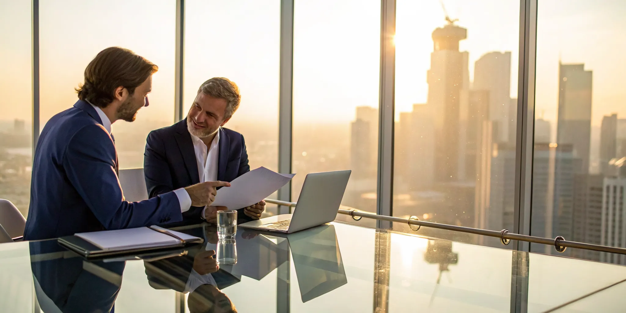 A contingency lawyer for an insurance claim reviewing documents with a client.