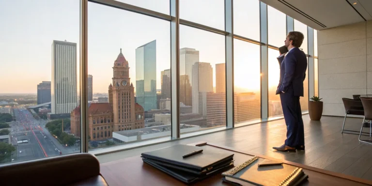 A Fort Worth attorney for an underpaid commercial claim looks out over the city.