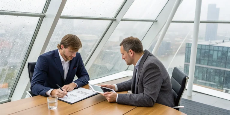 Business owners discussing a hail damage insurance claim with a lawyer.