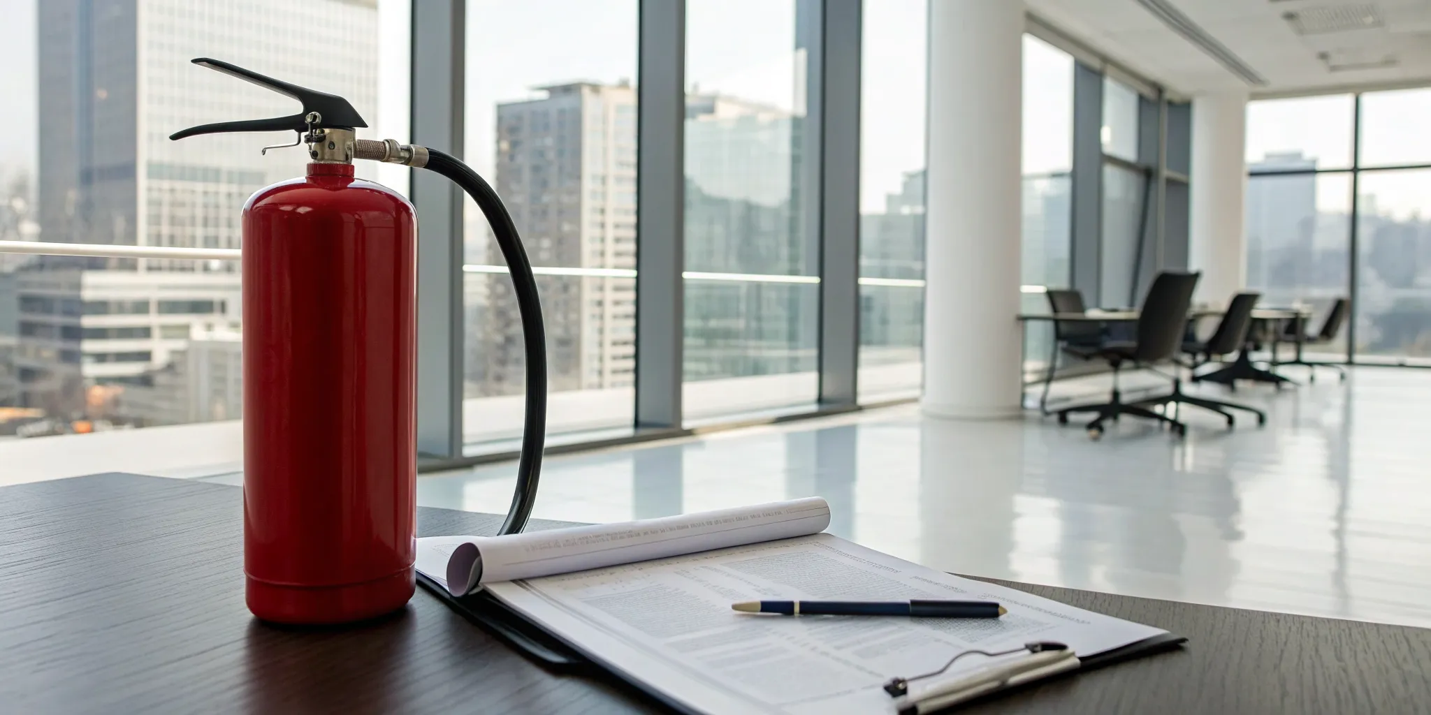Fire extinguisher and documents for a commercial property fire damage attorney.