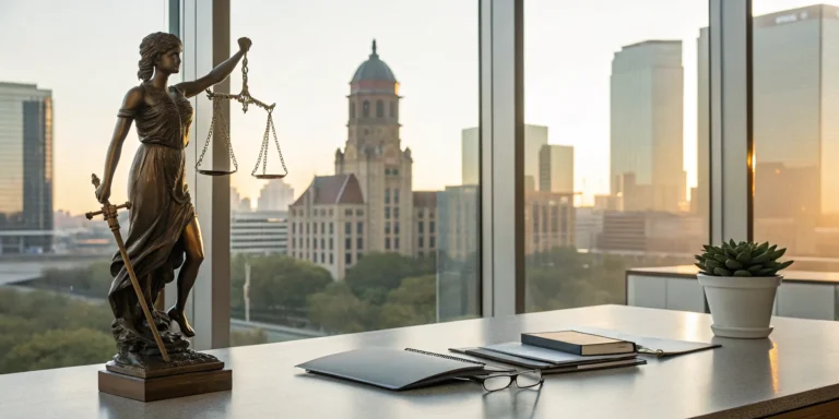 A Fort Worth bad faith insurance lawyer's desk with a Lady Justice statue and city skyline view.