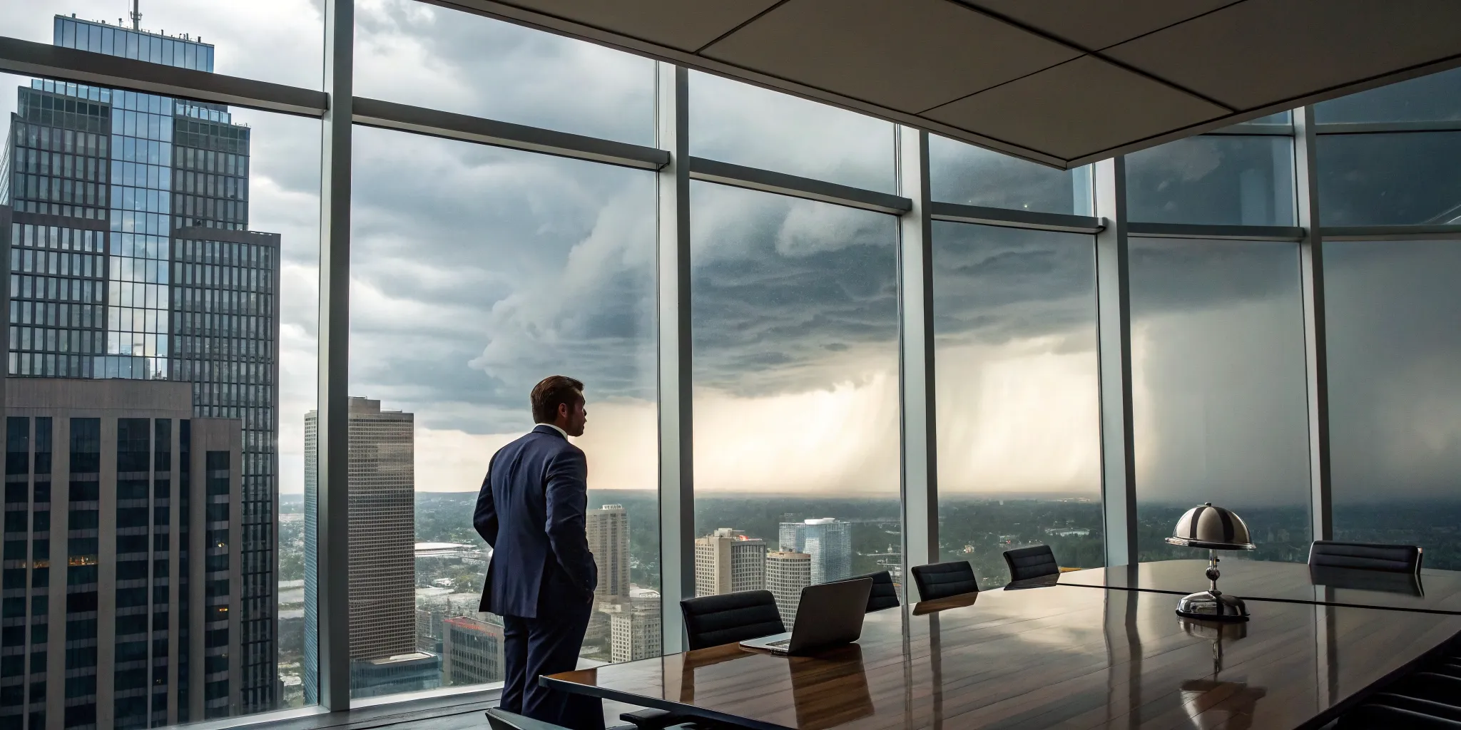 Man in an office watches a storm over the city, needing a lawyer for building damage.
