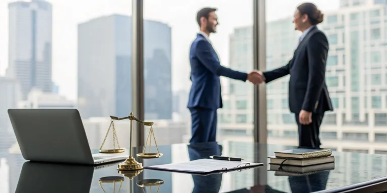 Client hires an attorney for a fire damage claim by shaking hands in a law office.