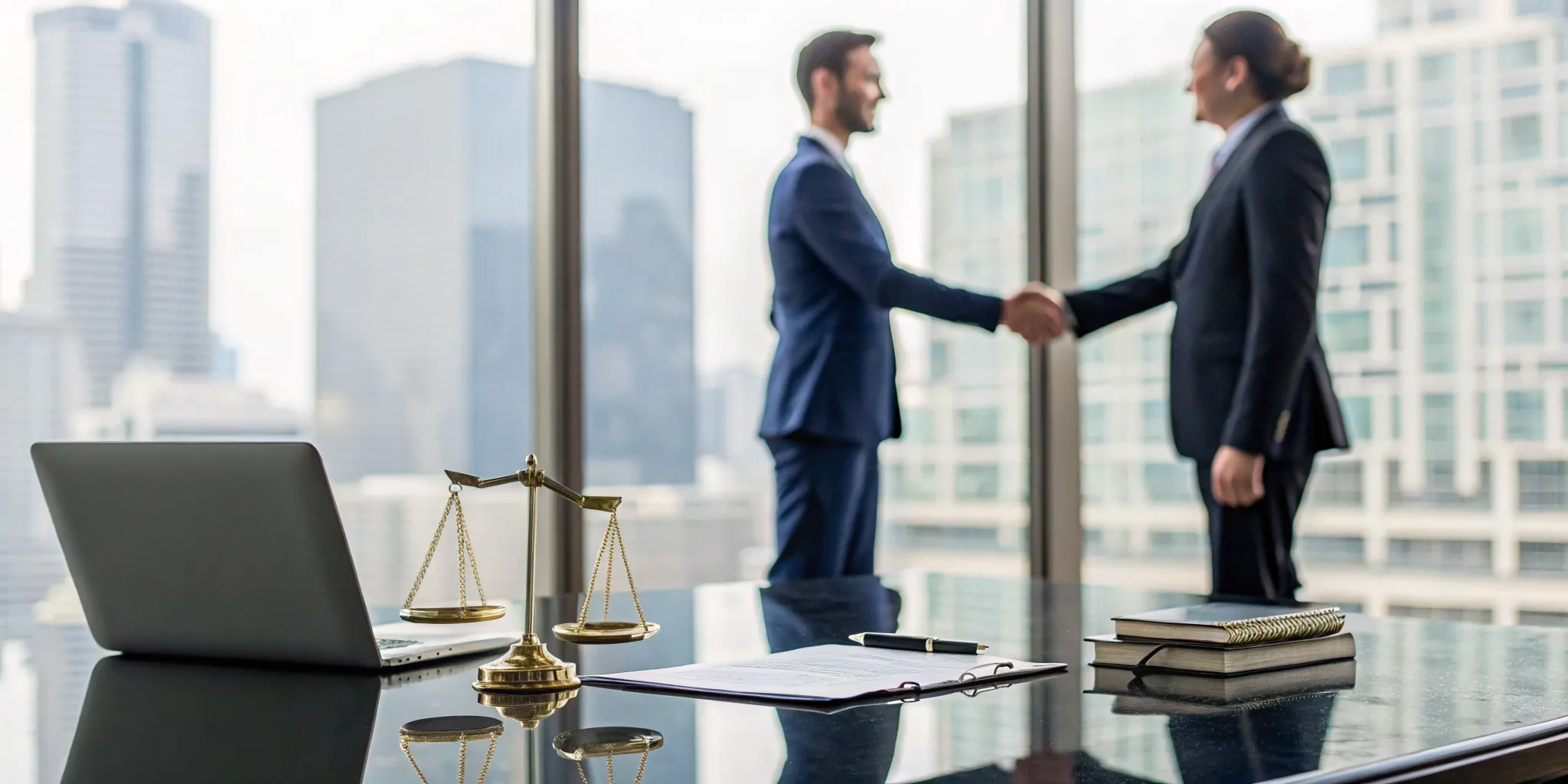 Client hires an attorney for a fire damage claim by shaking hands in a law office.