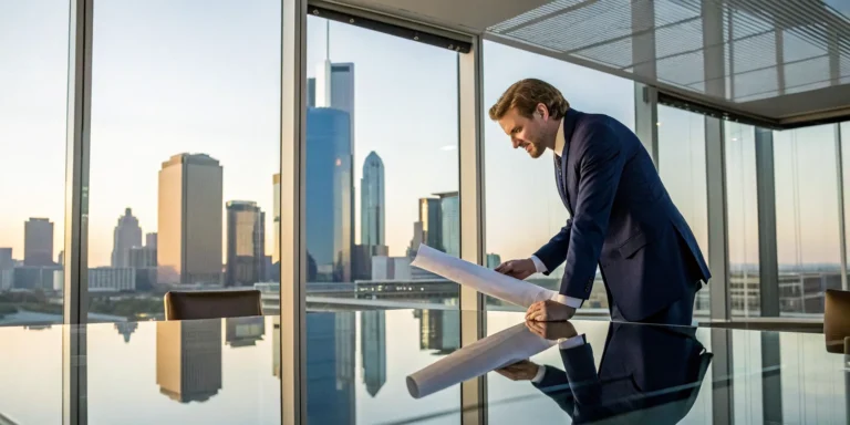Texas commercial property damage attorney reviewing building plans in modern office with city skyline view.