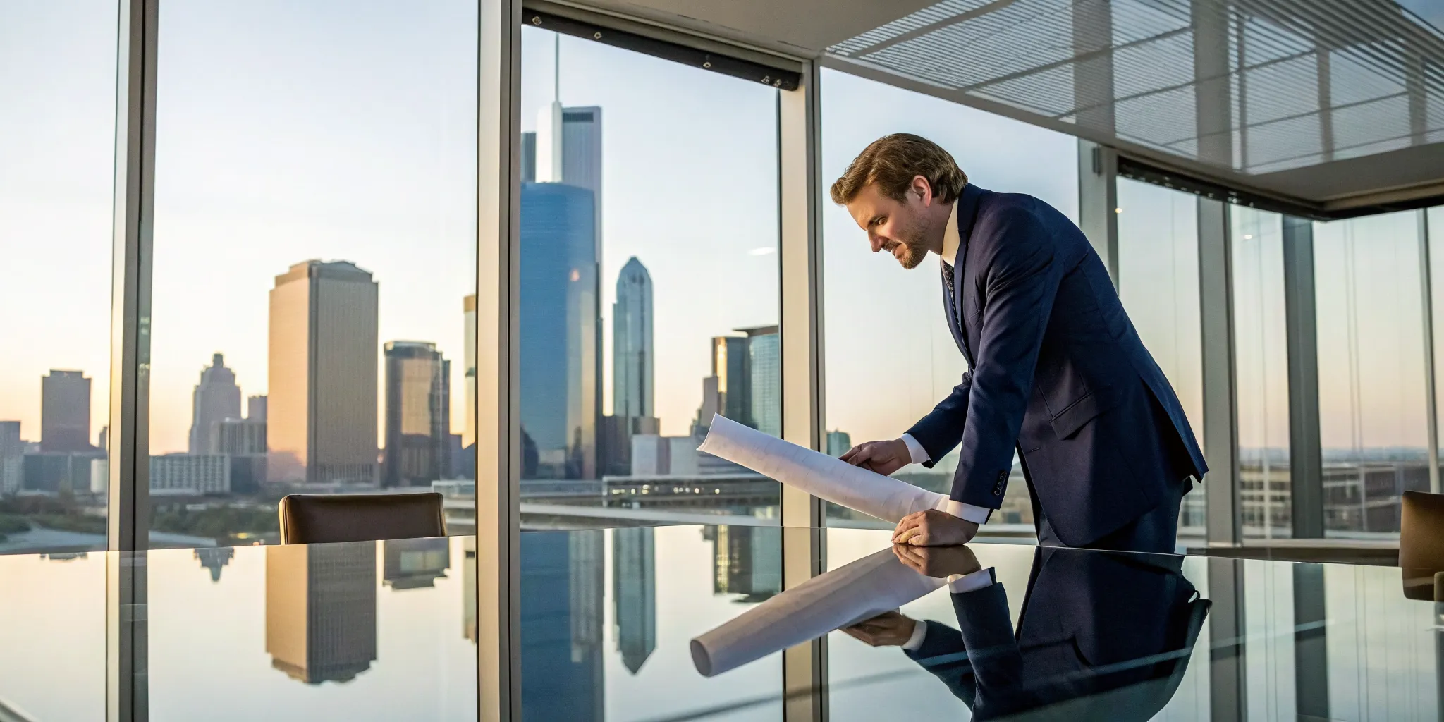 Texas commercial property damage attorney reviewing building plans in modern office with city skyline view.