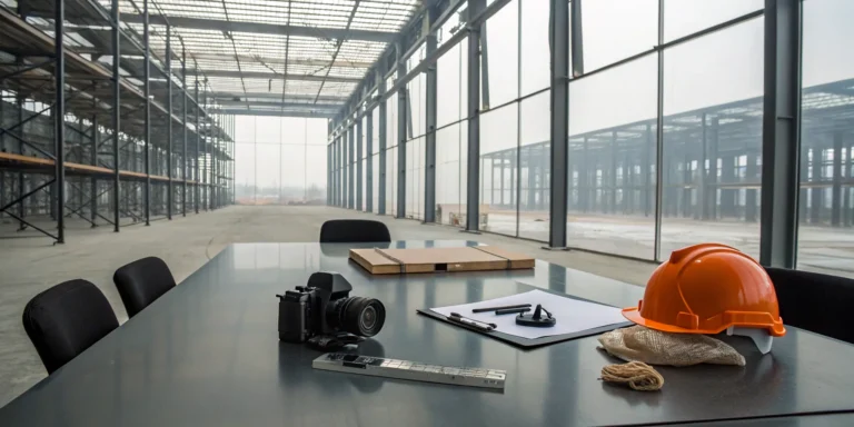 Documenting a warehouse fire damage claim with a clipboard, camera, and hard hat.