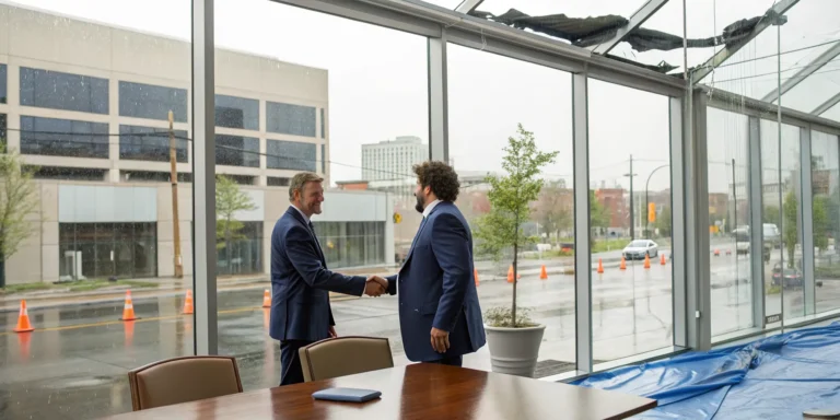 Business owner shaking hands with a contingency lawyer for a business storm damage claim.