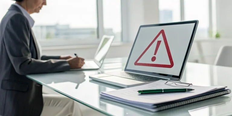 Business owner at a laptop with a warning symbol after a business interruption claim is denied.