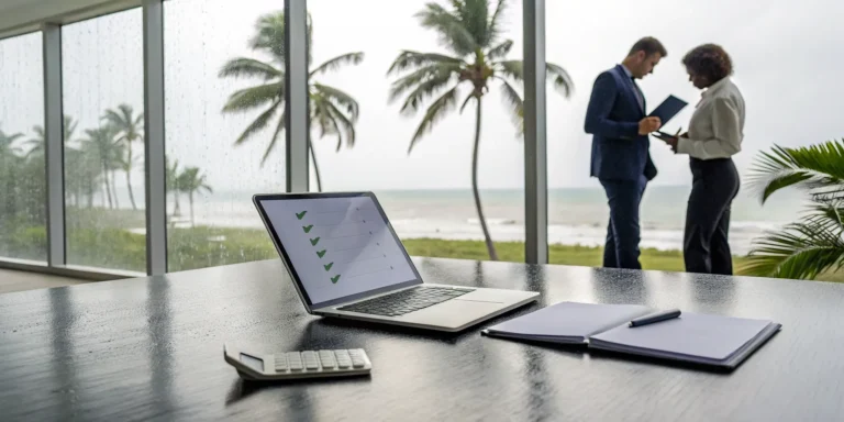 A business owner reviews documents to file a business interruption claim for hurricane damage.