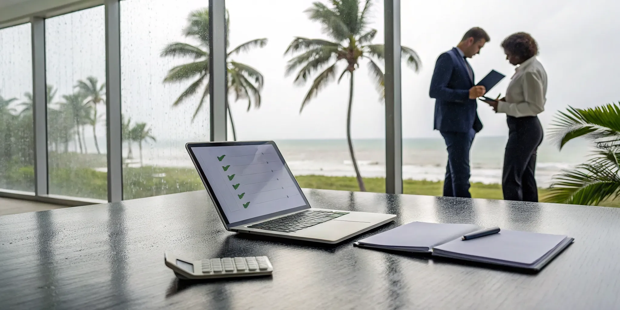 A business owner reviews documents to file a business interruption claim for hurricane damage.