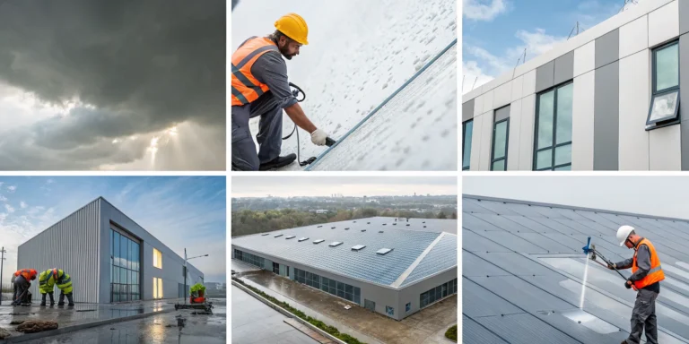 A contractor inspects a commercial roof for hail damage to file a claim.