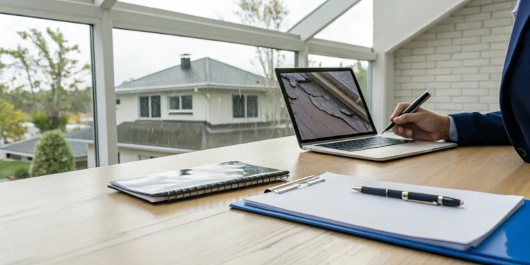 Person filing an insurance claim for apartment building damage with a laptop and documents.