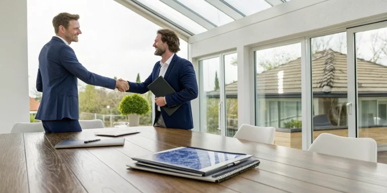 A client shaking hands with an attorney for a wind damage insurance claim.