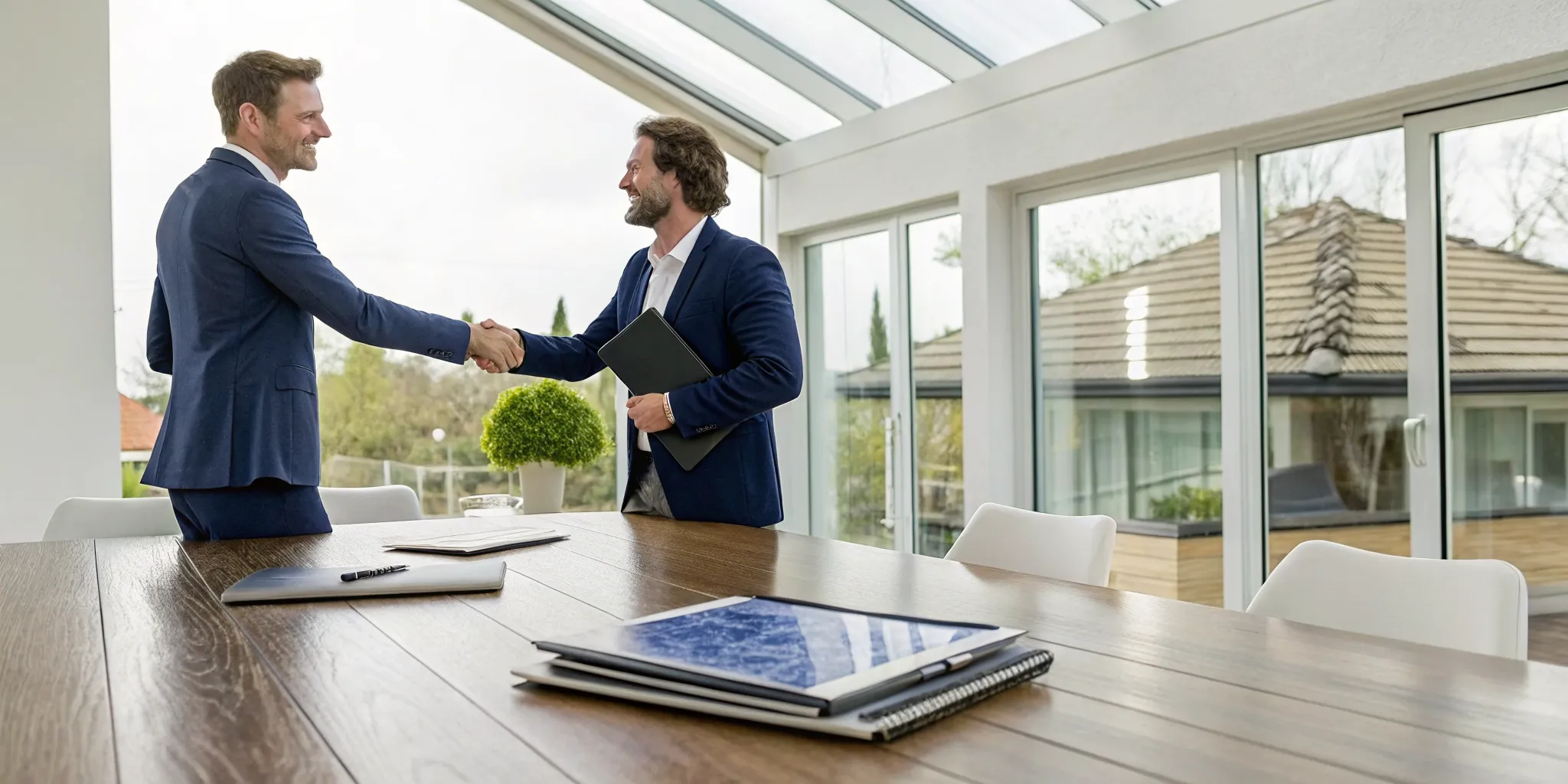 A client shaking hands with an attorney for a wind damage insurance claim.