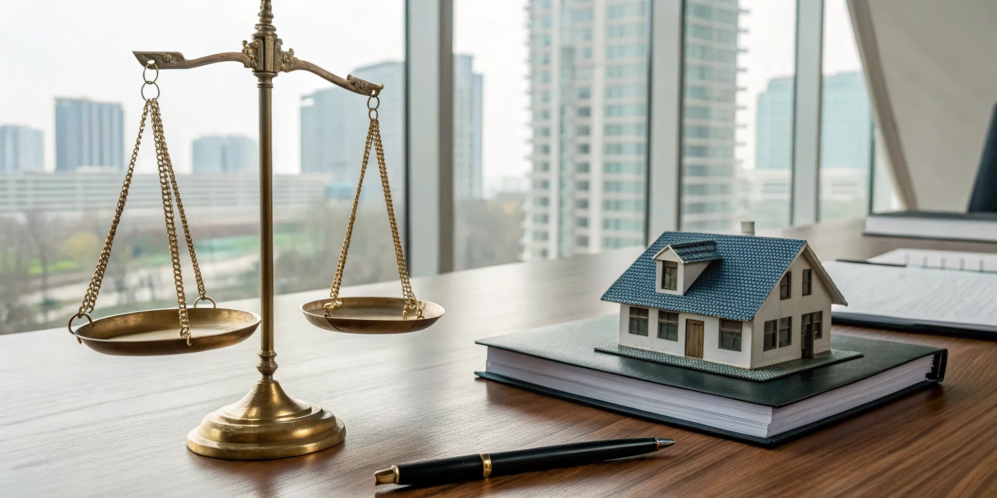 A house model and scales of justice for a storm damage lawsuit against an insurance company.