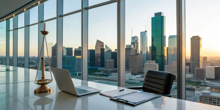 Dallas attorney for insurance agent negligence, with scales of justice in a modern law office.