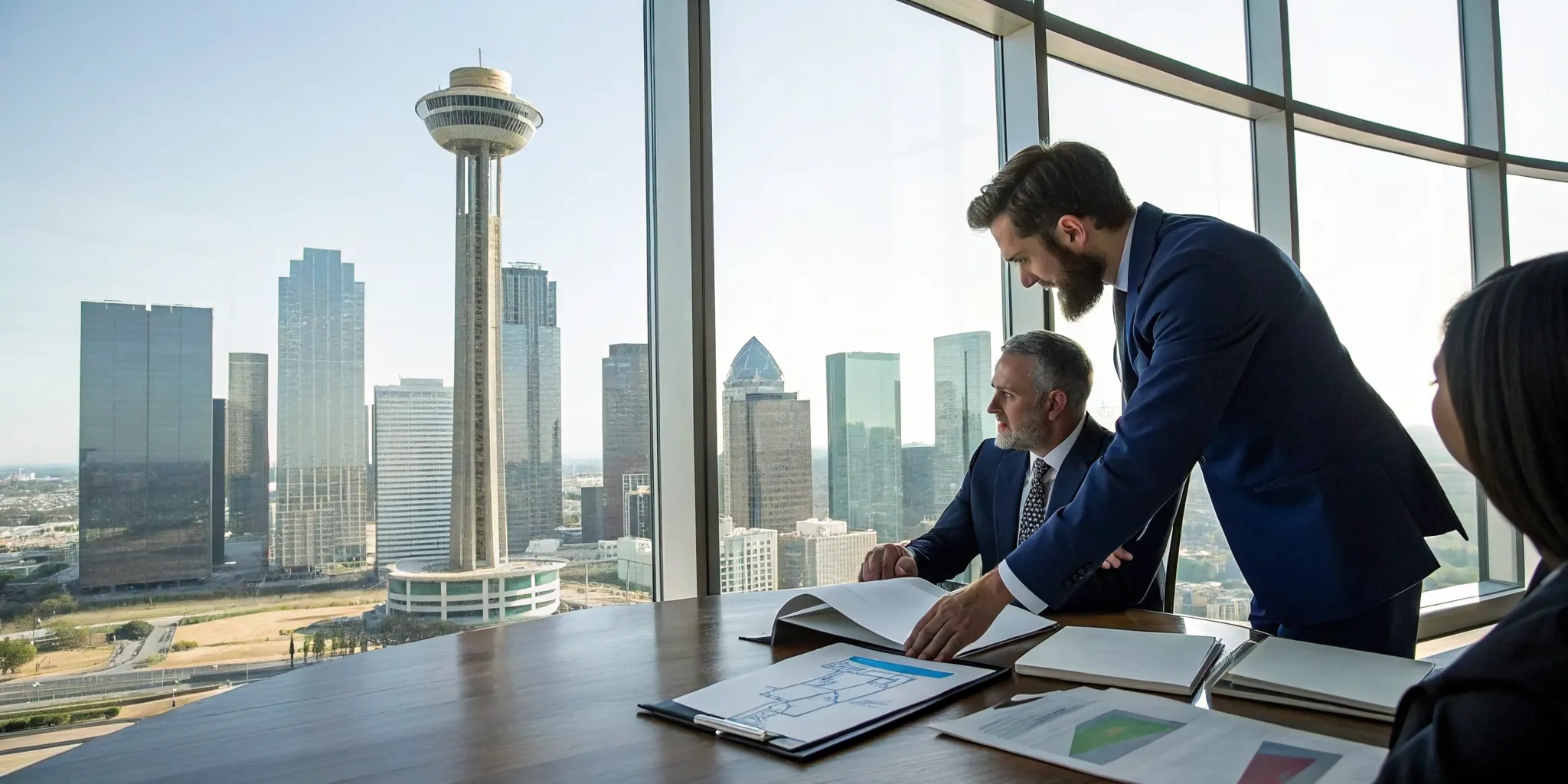 Dallas commercial property insurance attorney reviewing a claim with a client.