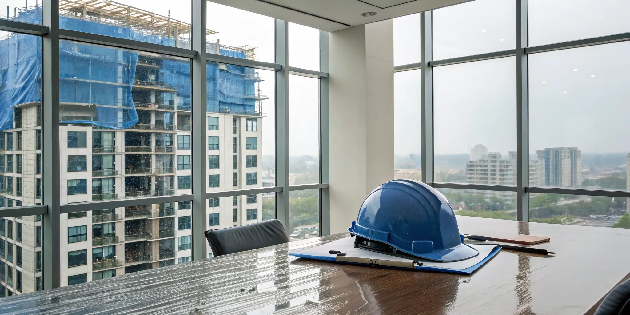 An attorney's hard hat on a table overlooking a damaged multi-family property.