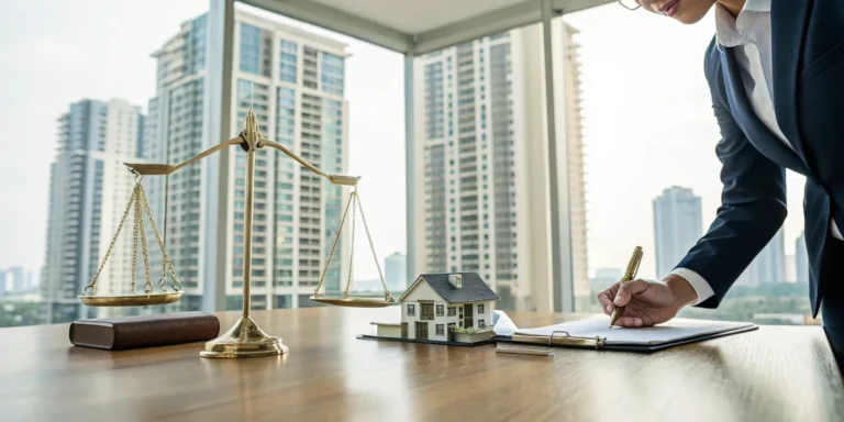 Lawyer handling an apartment insurance dispute with policy documents and scales of justice.