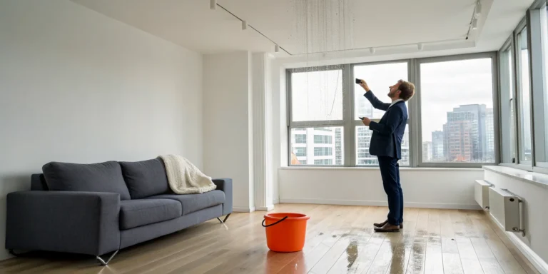 Tenant assessing apartment storm damage from a leaking ceiling.