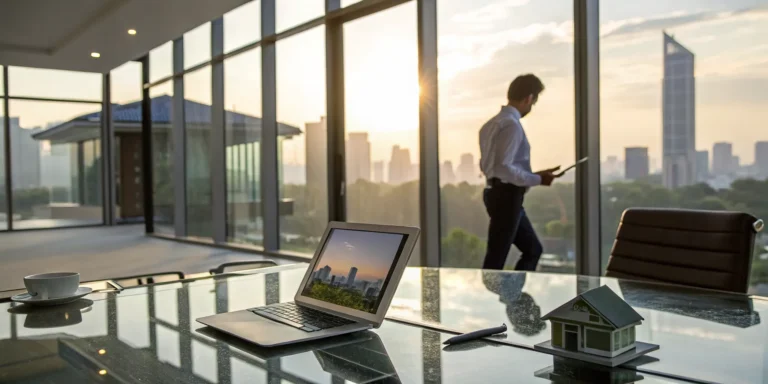 A property damage lawyer reviews an insurance claim next to a model house.