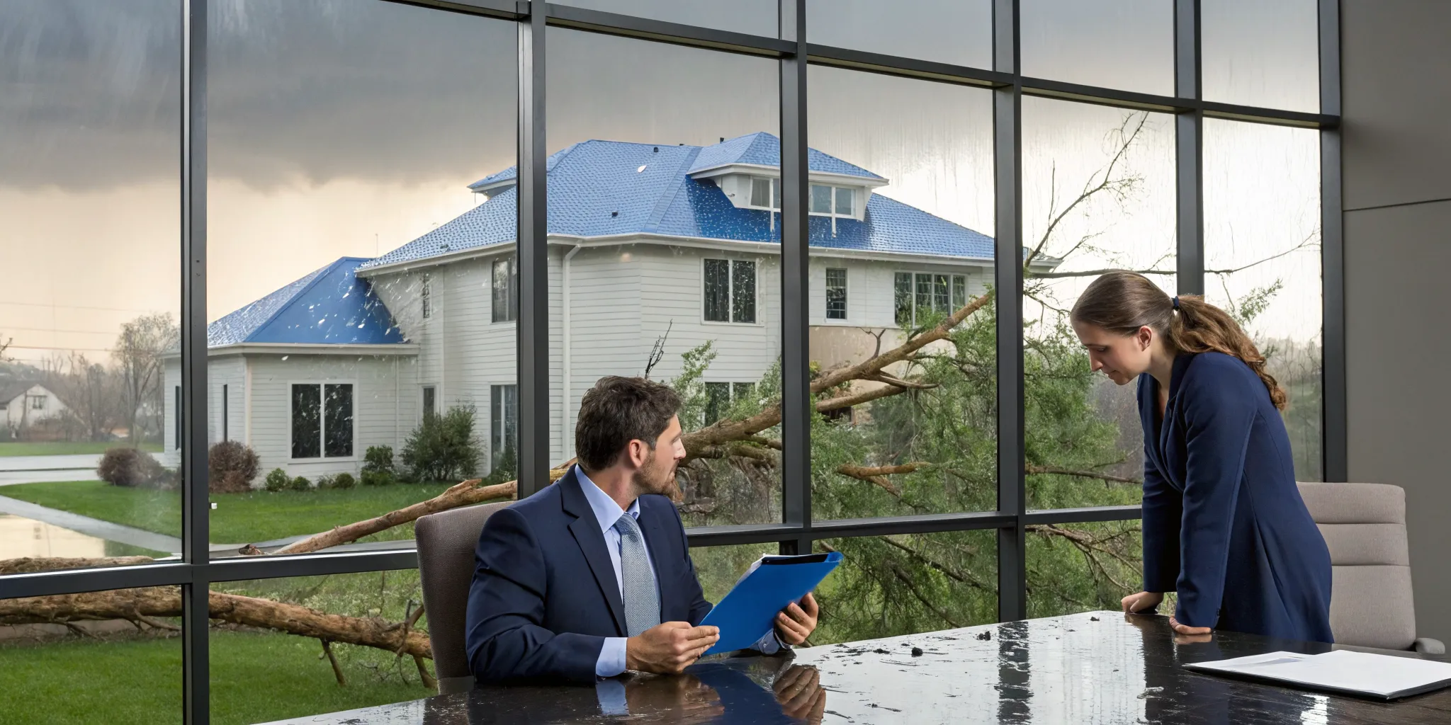 A property damage lawyer discusses a storm damage claim with a client by a window with a fallen tree.